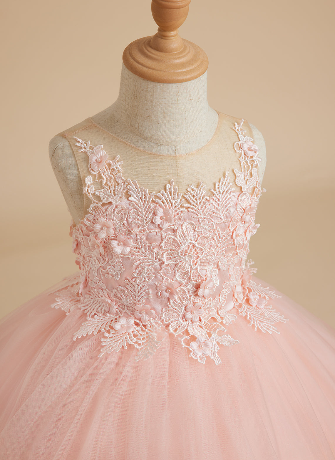 Vestido de princesa de tul sin mangas con apliques de encaje y cola larga para niñas