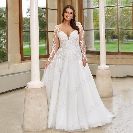 Pastrol Wedding Dresses Plus Size Long Sleeves Lace Up Bride Gowns Applique A-Line Tulle V-Neck vestido de noiva-payinti