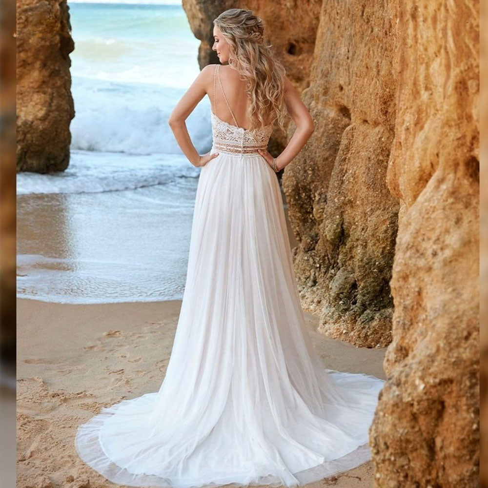 Simple Backless Chiffon V-Neck Bohemian Wedding Dress for Bride Lace Applique Sleeveless Beach Bridal Gown Robe De Mariée-payinti