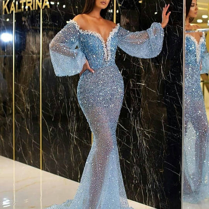 Spring Summer Women Clothing Casual Dress Elegant Gold V neck See through Fishtail Evening Dress