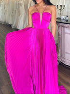 Kimia | Vestido largo formal de gasa plisada azul rey con tirantes en A y lazo en la espalda