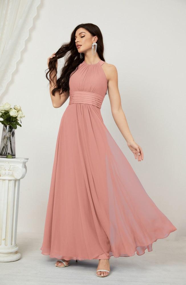 Vestido formal de fiesta Sunnderly de gasa con cuello halter, largo y sin mangas, para dama de honor SY2802 