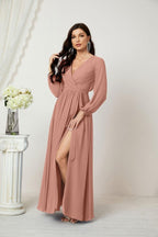 Vestidos de noche Sunnderly con escote en V profundo, gasa, para dama de honor, manga larga de obispo, abertura lateral, vestido formal SY2806 