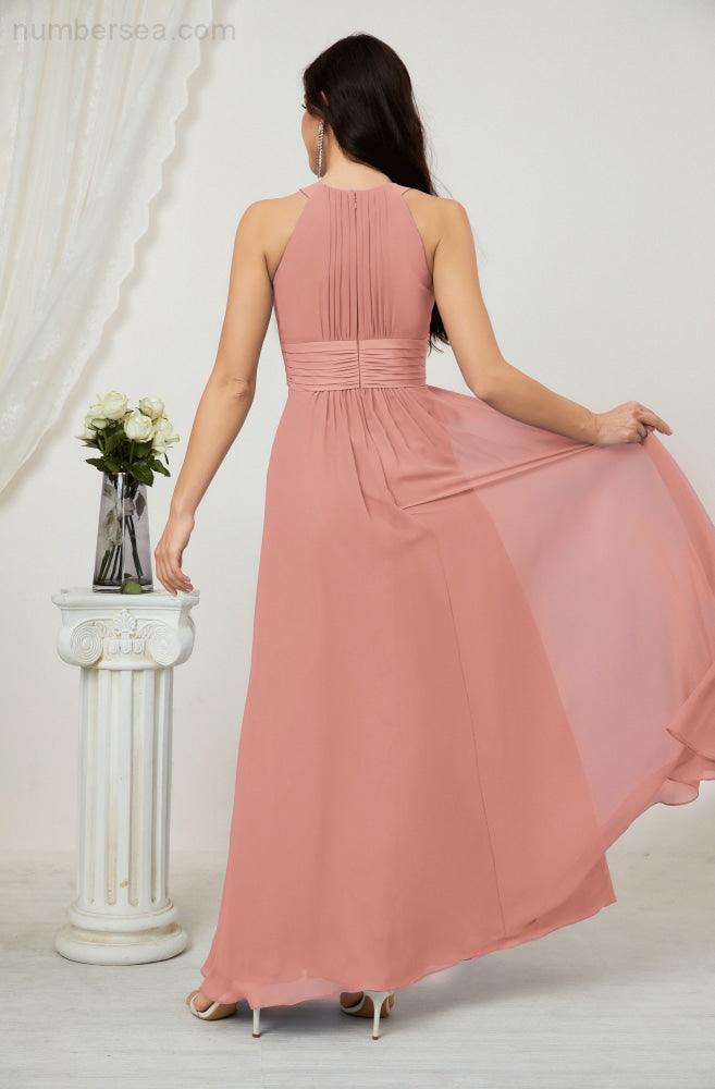 Vestido formal de fiesta Sunnderly de gasa con cuello halter, largo y sin mangas, para dama de honor SY2802 