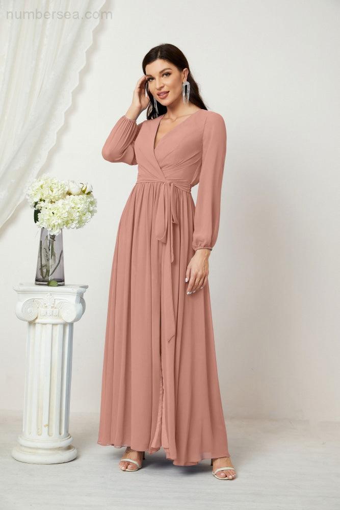 Vestidos de noche Sunnderly con escote en V profundo, gasa, para dama de honor, manga larga de obispo, abertura lateral, vestido formal SY2806 