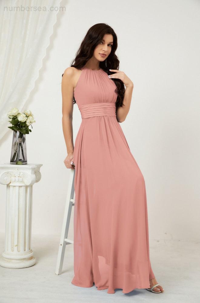Vestido formal de fiesta Sunnderly de gasa con cuello halter, largo y sin mangas, para dama de honor SY2802 