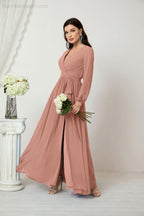 Vestidos de noche Sunnderly con escote en V profundo, gasa, para dama de honor, manga larga de obispo, abertura lateral, vestido formal SY2806 