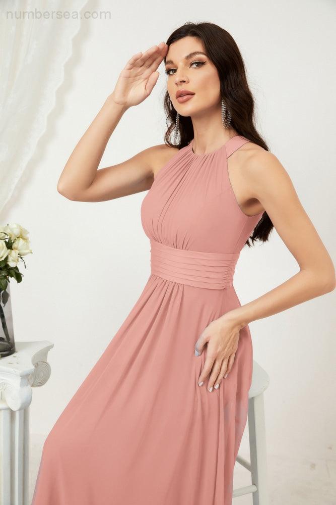 Vestido formal de fiesta Sunnderly de gasa con cuello halter, largo y sin mangas, para dama de honor SY2802 
