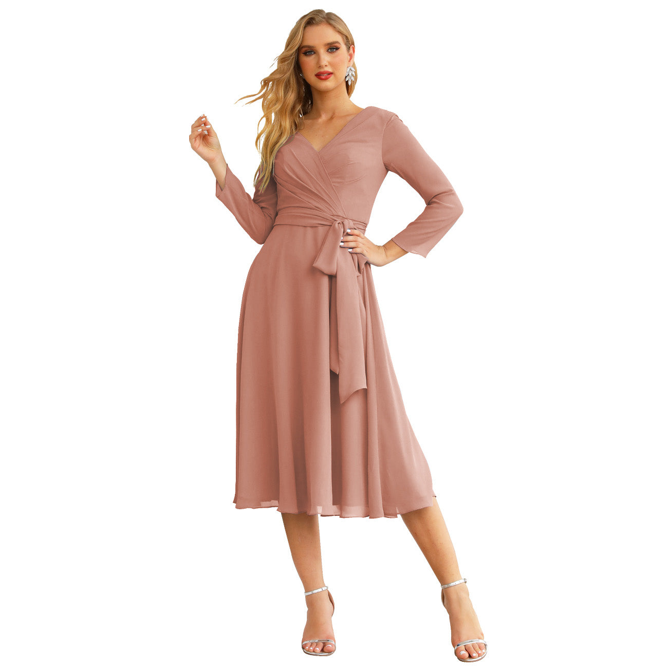 Sunnderly Chiffon Bridesmaid Dress V-Back Waist Belt Formal Prom Gown Mother of The Bride Wedding Guest