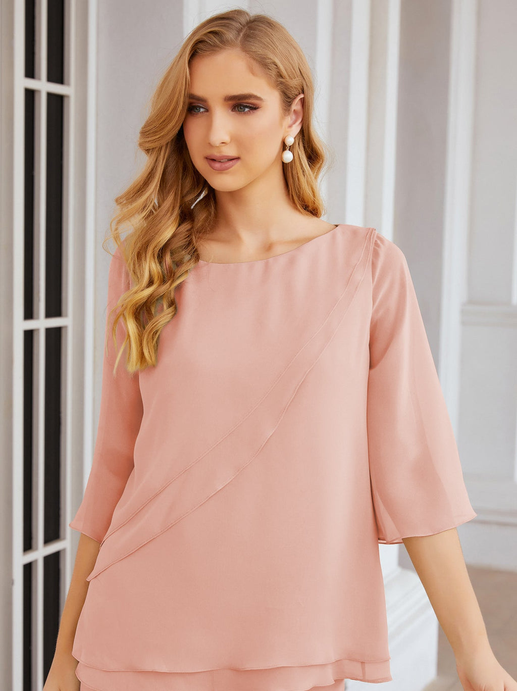 Elegante vestido de dos piezas para madre de la novia, talla grande, pantalón, capas con volantes, bata plateada SY28064 