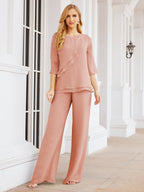 Elegante vestido de dos piezas para madre de la novia, talla grande, pantalón, capas con volantes, bata plateada SY28064 