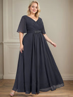 Vestido de gasa para madre de la novia con escote en V, largo hasta los tobillos, corte A y lentejuelas plisadas con cuentas