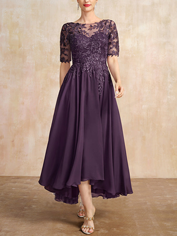 Vestido de madre de la novia de gasa asimétrica con encaje, ilusión, corte A y lentejuelas