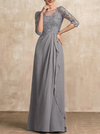Vestido de gasa para madre de la novia con encaje, corte A, escote redondo, ilusión, largo hasta el suelo, con lentejuelas y abalorios y volantes en cascada