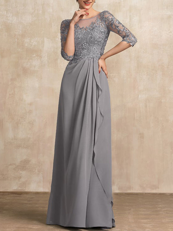 Vestido de gasa para madre de la novia con encaje, corte A, escote redondo, ilusión, largo hasta el suelo, con lentejuelas y abalorios y volantes en cascada