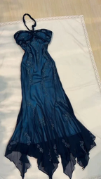 Vintage Neckholder Perlen Marineblau Chiffon Meerjungfrau Ballkleid Langes Party Abendkleid Y7504