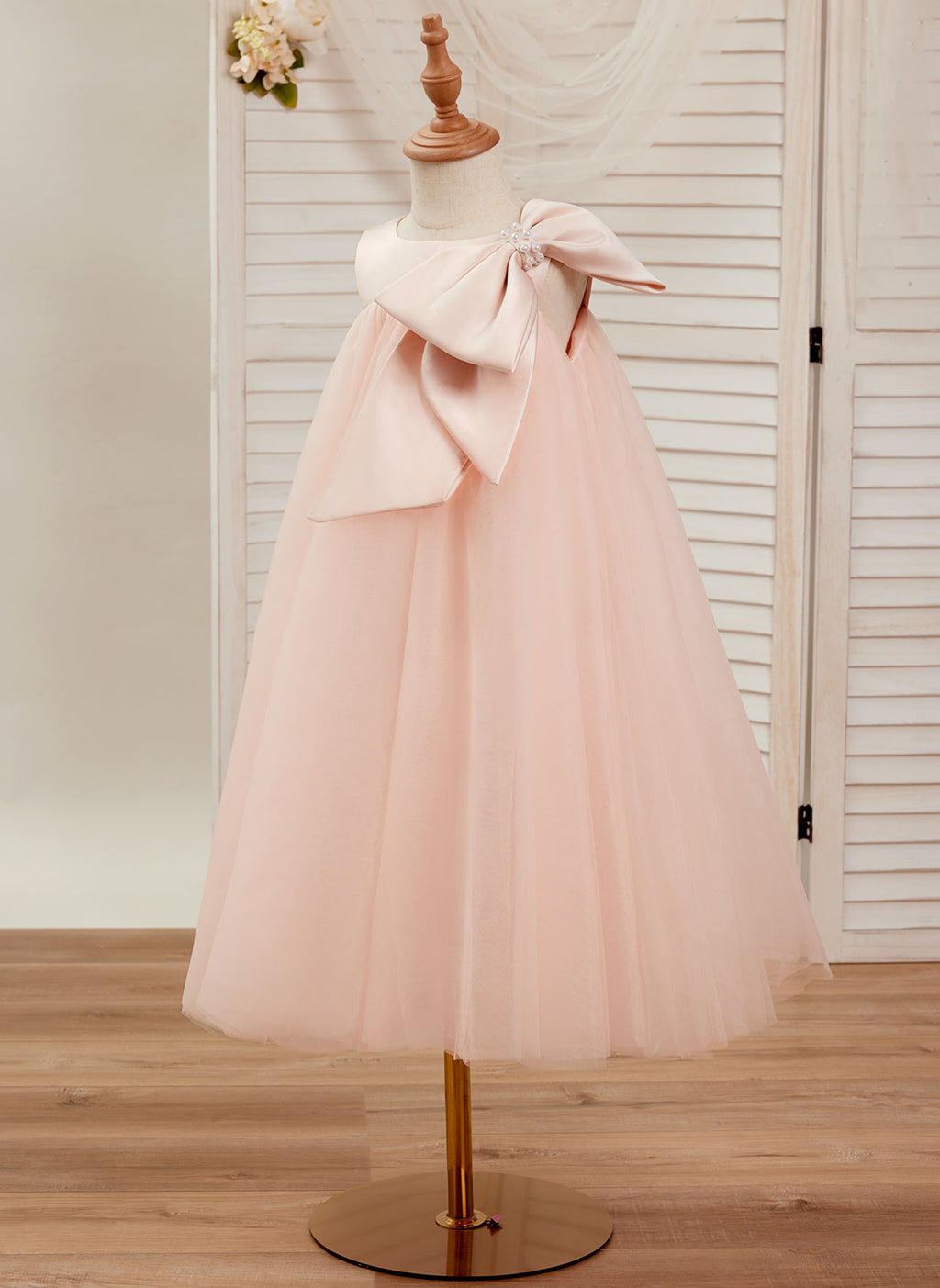A-Linien-Kleid mit großer Schleife und Tüll in Wadenlänge für Blumenmädchen