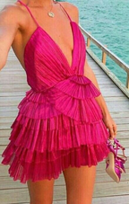 Vestido corto de fiesta con cuello espagueti y volantes, minivestido sexy Y2199