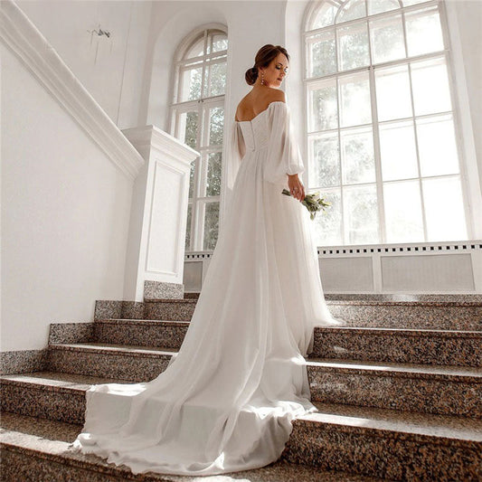 Off the Shoulder Chiffon Boho Wedding Dress 2022 V-Neck Long Lantern Sleeves A-Line Beach Bridal Gowns vestidos de novia-payinti