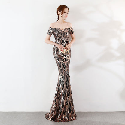 Off the Shoulder Sequined Evening Dress: Long Fish Tail, Slim Fit