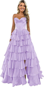 Strapless Corset Prom Dresses for Women 2025 Long Tiered Ruffle Chiffon Formal Evening Gown with Slit