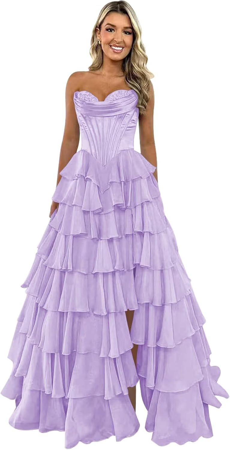 Trägerloses Korsett-Ballkleid für Damen 2025, langes, gestuftes, gerüschtes Chiffon-Abendkleid mit Schlitz 