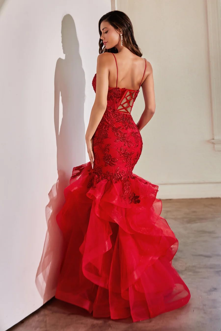 Damen Ballkleid mit Spitzenapplikation, Tüll, lang, Meerjungfrau-Stil, Rüschen, funkelnd, formelles Abendkleid 