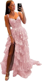 Glitzerndes, gestuftes Spitzen-Tüll-Ballkleid, lang, 2025, Spaghettiträger, formelles Korsett-Abendkleid mit Schlitz 