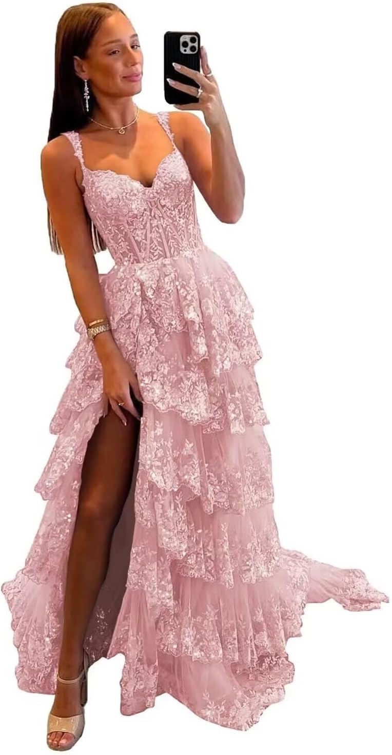 Glitzerndes, gestuftes Spitzen-Tüll-Ballkleid, lang, 2025, Spaghettiträger, formelles Korsett-Abendkleid mit Schlitz 