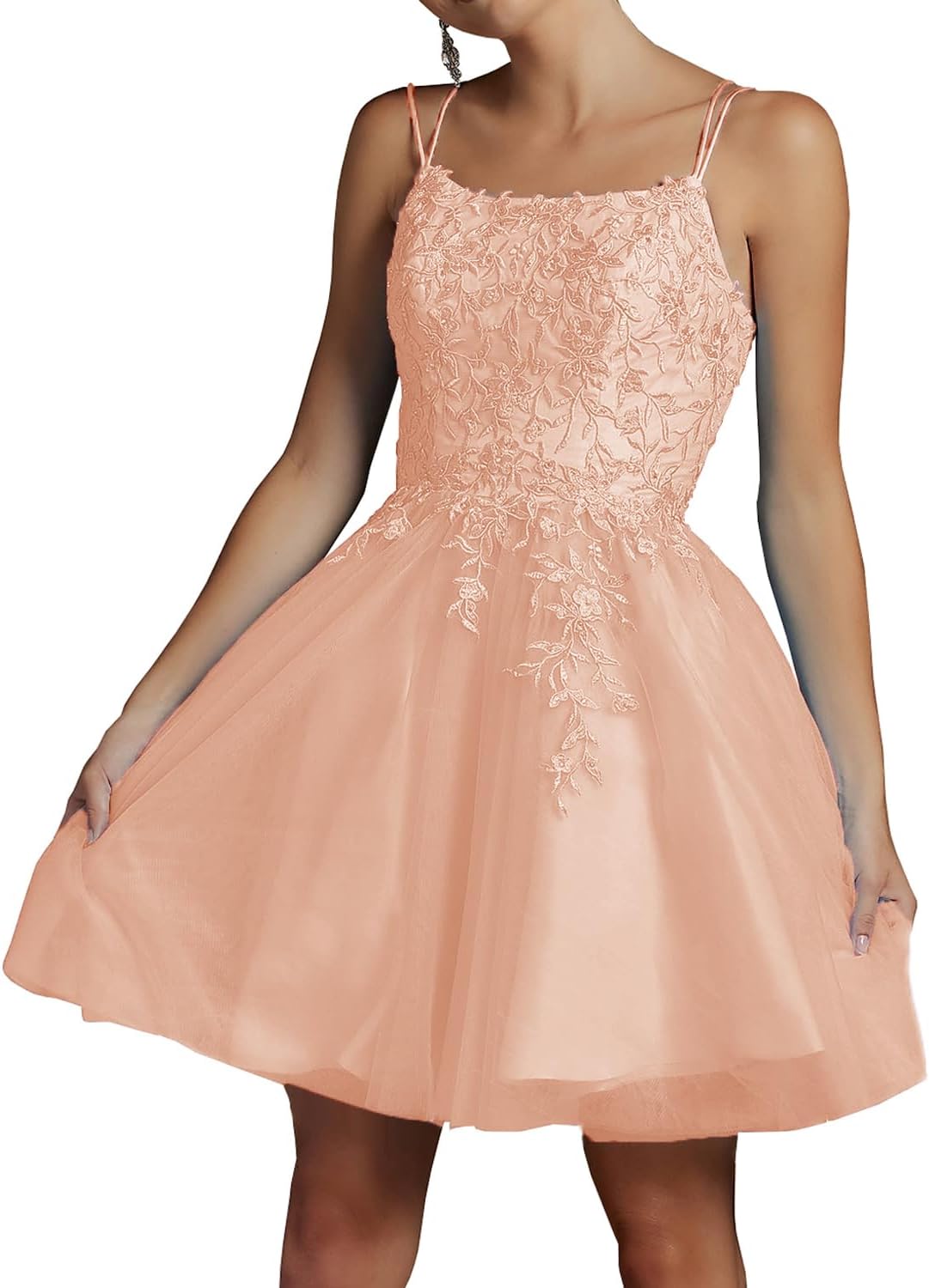 Modest Lace Beaded Tulle Homecoming Dresses Short Square Neck Prom Dress Spaghetti Straps Party Gown