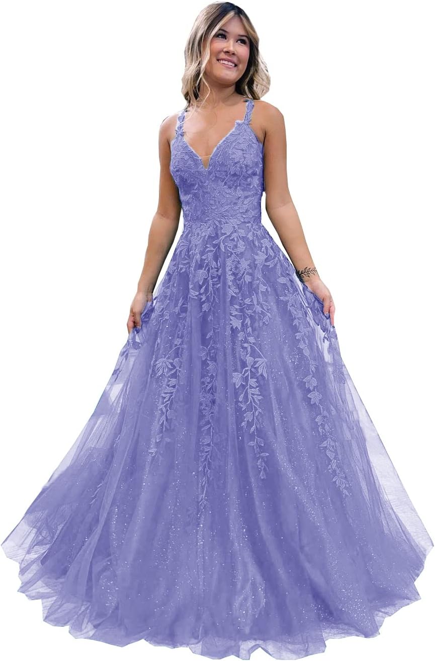 Floral Lace Glitter Tulle Prom Dress Long Ball Gown V Neck Formal Evening Dress Maxi Party Gown