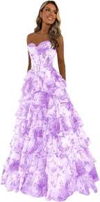 Strapless Corset Prom Dresses for Women 2025 Long Tiered Ruffle Chiffon Formal Evening Gown with Slit