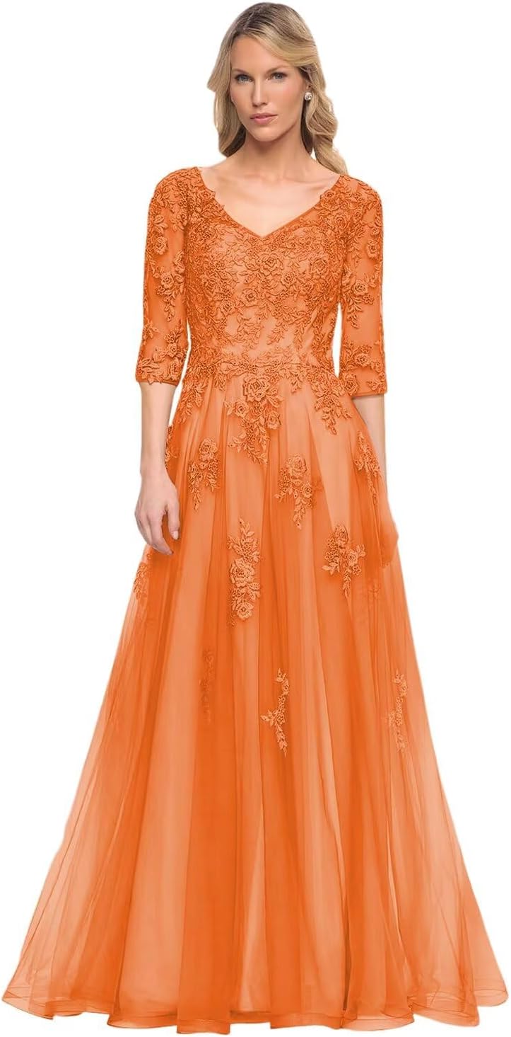 Women's V-Neck 3/4 Sleeve Mother of The Bride Dress A-line Tulle Lace Appliques Long Formal Party Dress QA117