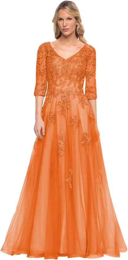 Women's V-Neck 3/4 Sleeve Mother of The Bride Dress A-line Tulle Lace Appliques Long Formal Party Dress QA117