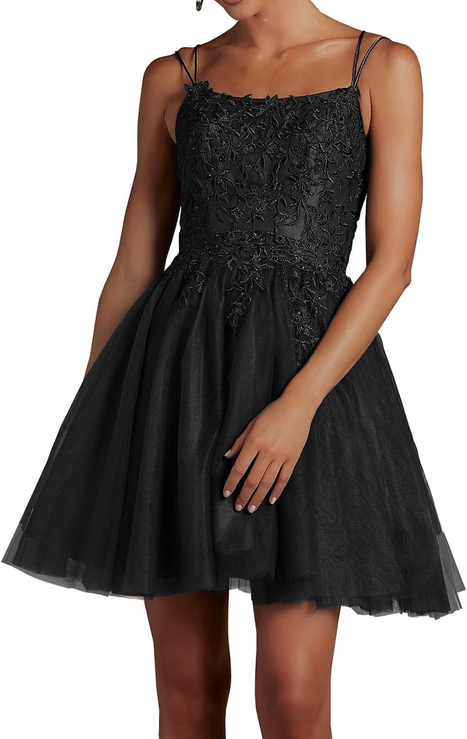 Modest Lace Beaded Tulle Homecoming Dresses Short Square Neck Prom Dress Spaghetti Straps Party Gown