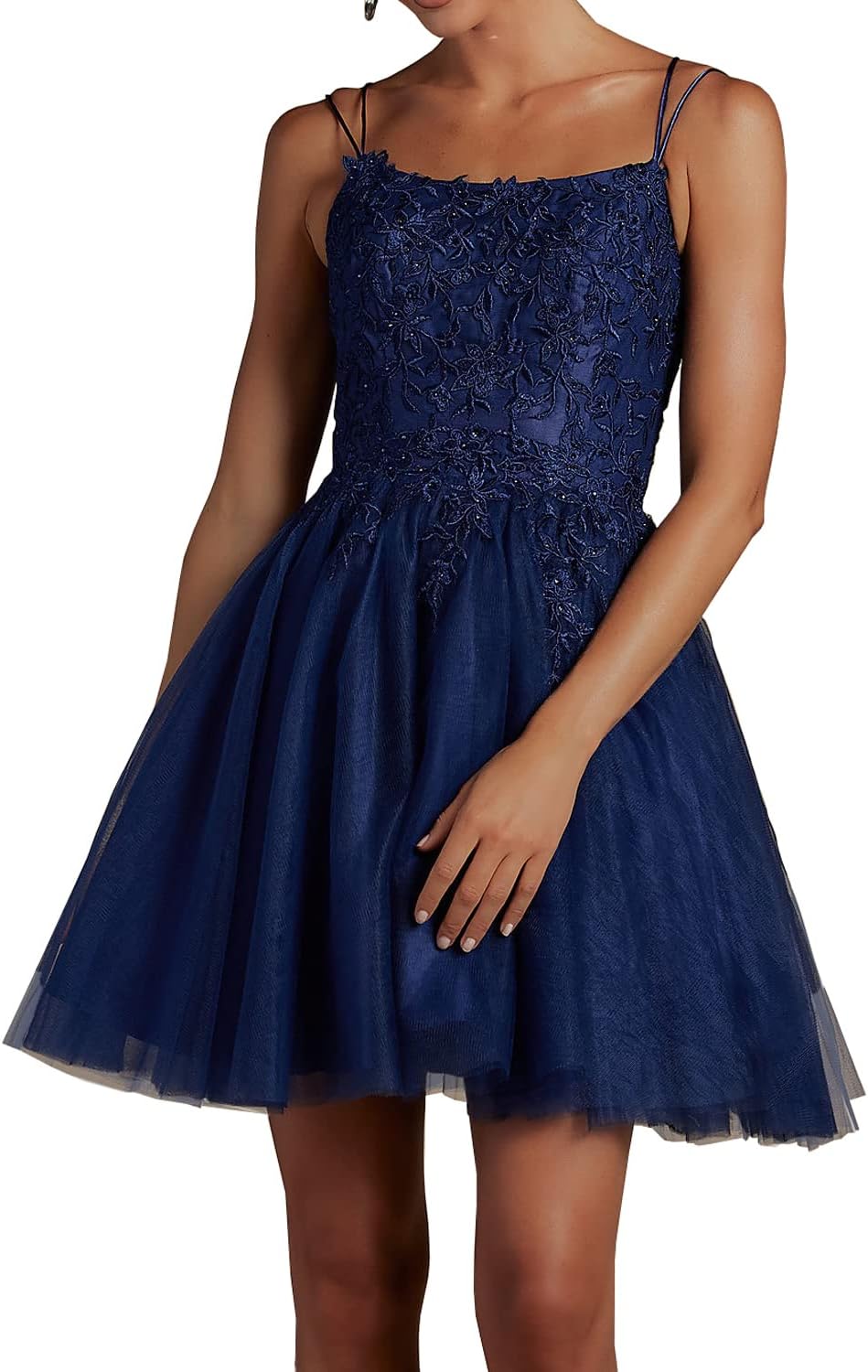 Modest Lace Beaded Tulle Homecoming Dresses Short Square Neck Prom Dress Spaghetti Straps Party Gown