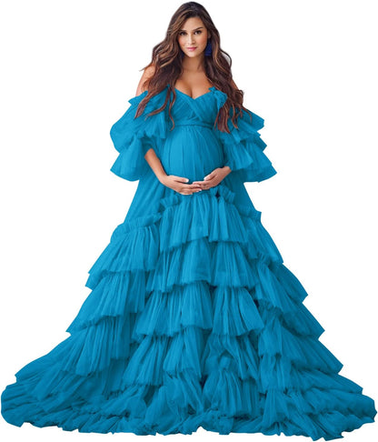 Puffy Tüll Robe Umstandskleid für Fotoshooting Transparente Braut Dessous Hochzeitskleid Lange Baby Shower Schwangerschaftskleider 