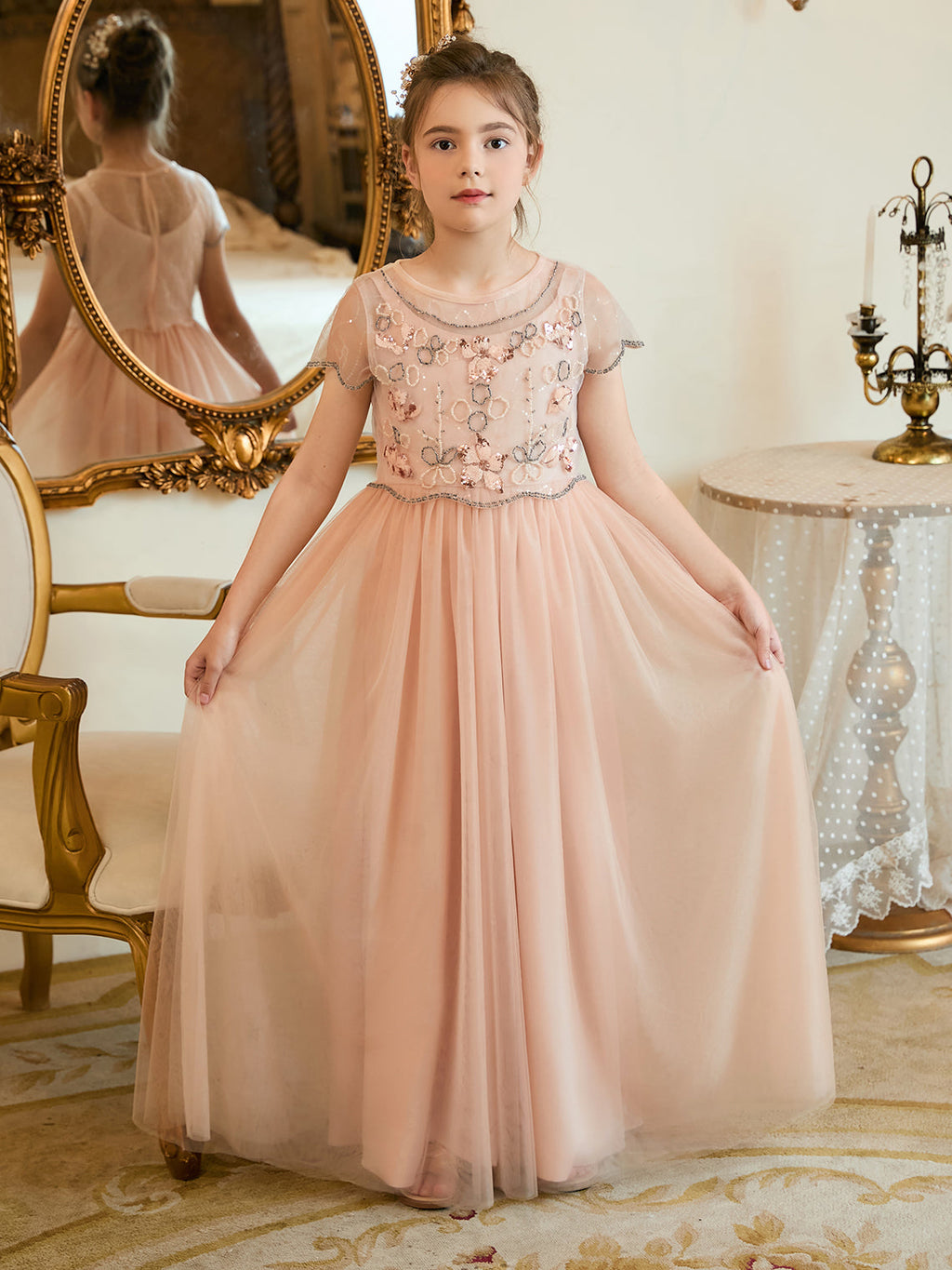 Vestido de niña de las flores rosa de gasa hasta el suelo con corte en A