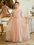 Vestido de niña de las flores rosa de gasa hasta el suelo con corte en A