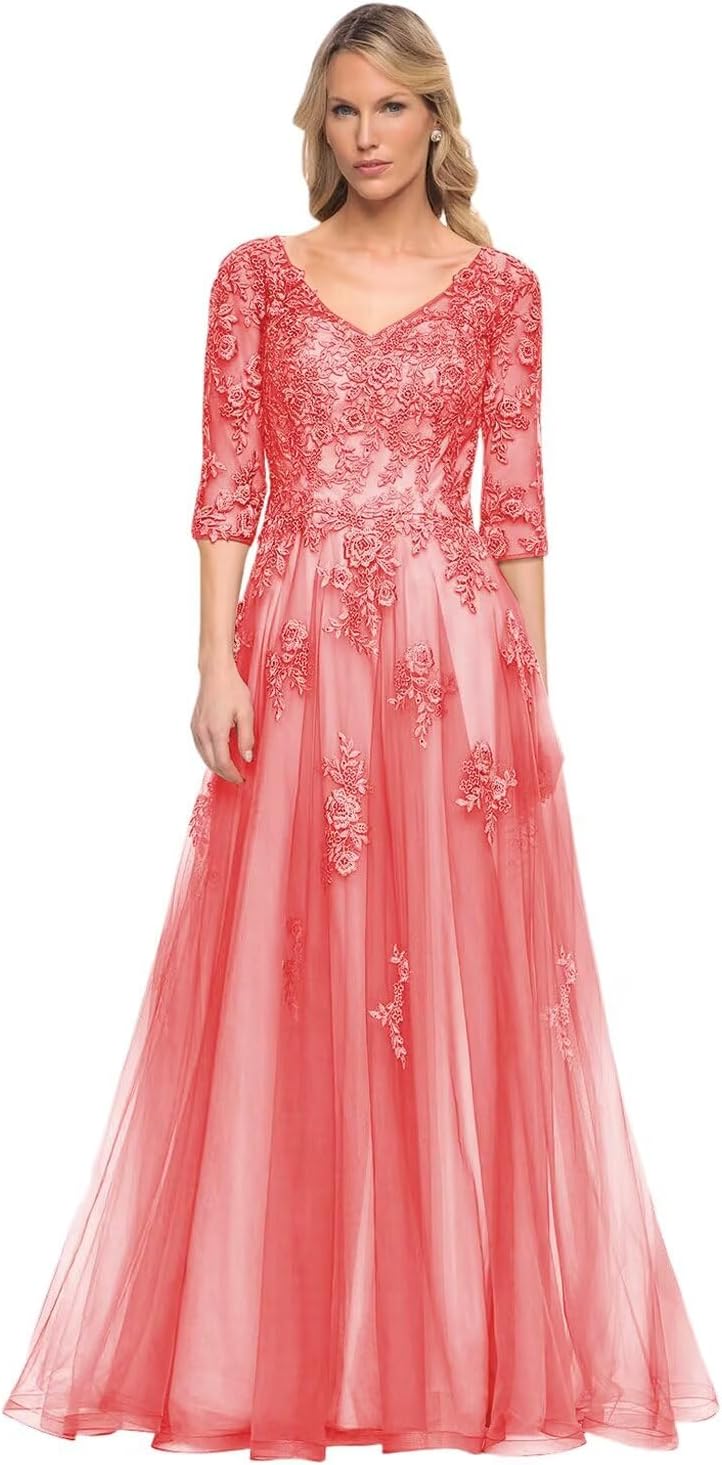 Women's V-Neck 3/4 Sleeve Mother of The Bride Dress A-line Tulle Lace Appliques Long Formal Party Dress QA117