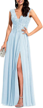 Chiffon Appliques Bridesmaid Dress Long V Neck Beaded Wedding Guest Gown with Split