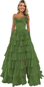 Strapless Corset Prom Dresses for Women 2025 Long Tiered Ruffle Chiffon Formal Evening Gown with Slit