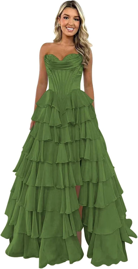 Trägerloses Korsett-Ballkleid für Damen 2025, langes, gestuftes, gerüschtes Chiffon-Abendkleid mit Schlitz 