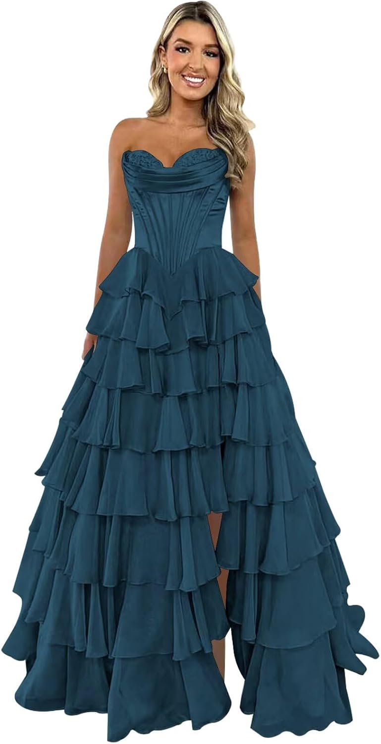 Trägerloses Korsett-Ballkleid für Damen 2025, langes, gestuftes, gerüschtes Chiffon-Abendkleid mit Schlitz 