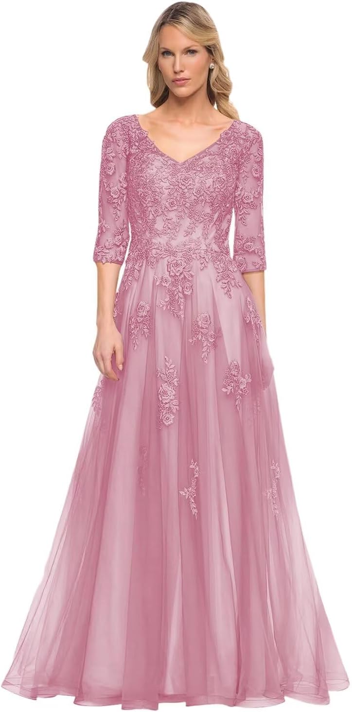 Women's V-Neck 3/4 Sleeve Mother of The Bride Dress A-line Tulle Lace Appliques Long Formal Party Dress QA117