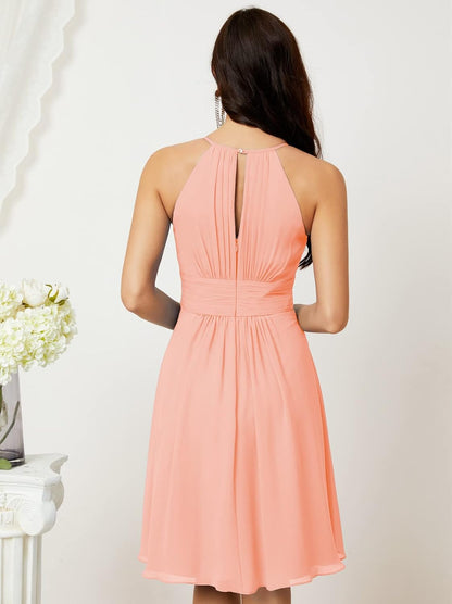Sunnderly Short Halter Top Chiffon Bridesmaid Dresses Tea Length A Line Formal Evening Party Cocktail Dress Dusty Rose