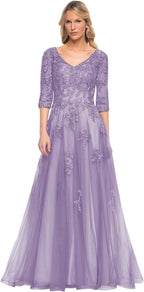 Damen V-Ausschnitt 3/4 Ärmel Kleid für die Brautmutter A-Linie Tüll Spitzenapplikationen Langes formelles Partykleid QA117 