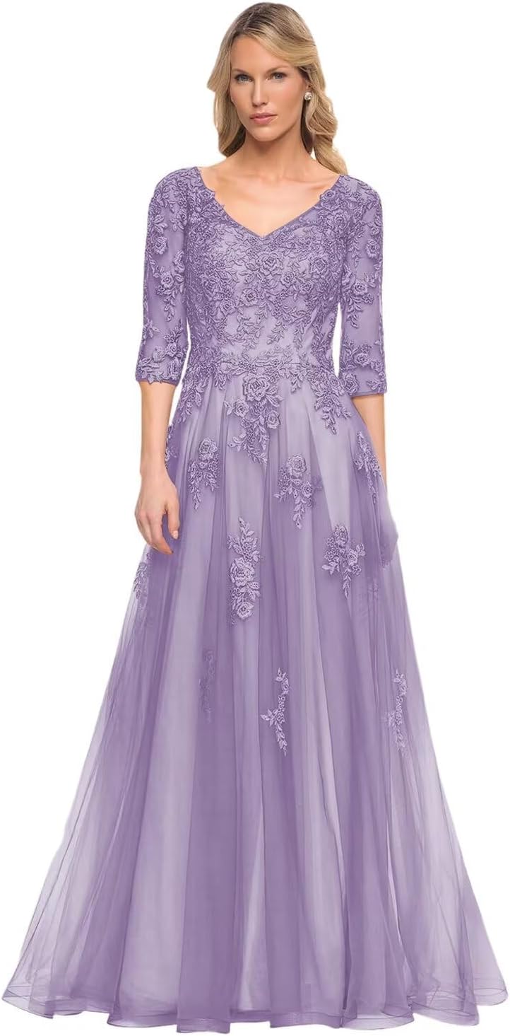 Women's V-Neck 3/4 Sleeve Mother of The Bride Dress A-line Tulle Lace Appliques Long Formal Party Dress QA117