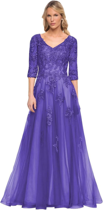 Women's V-Neck 3/4 Sleeve Mother of The Bride Dress A-line Tulle Lace Appliques Long Formal Party Dress QA117