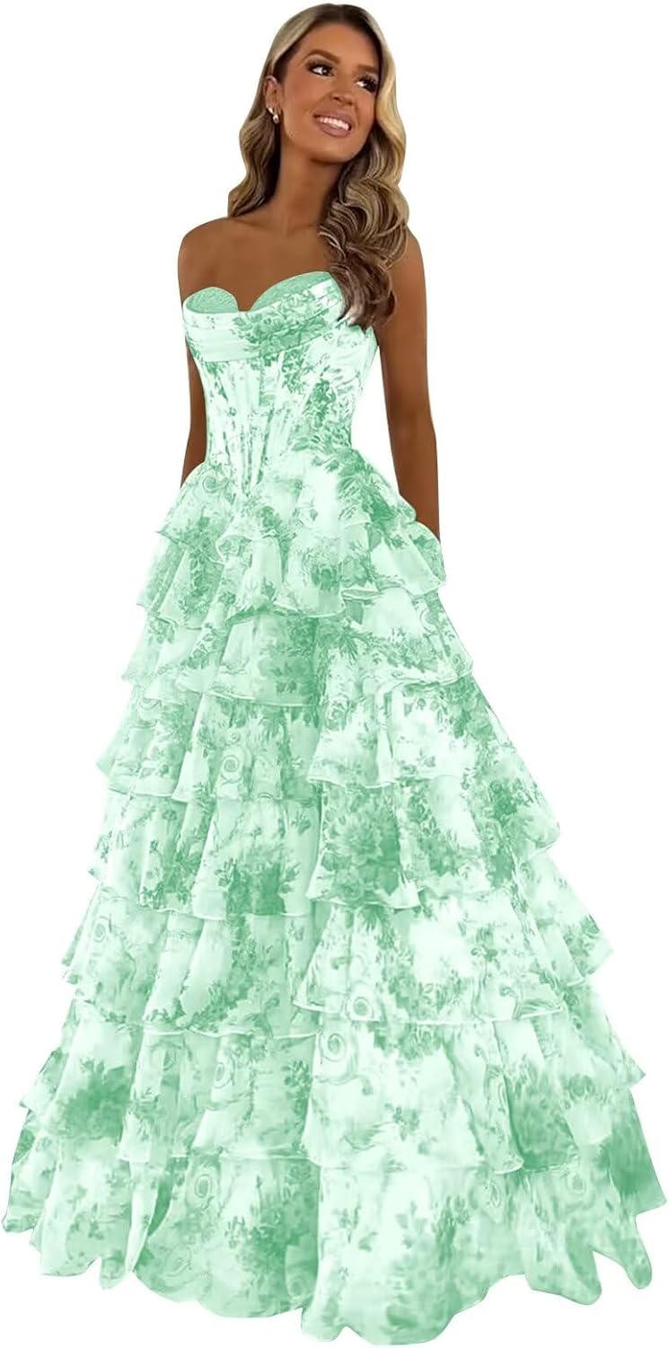 Trägerloses Korsett-Ballkleid für Damen 2025, langes, gestuftes, gerüschtes Chiffon-Abendkleid mit Schlitz 